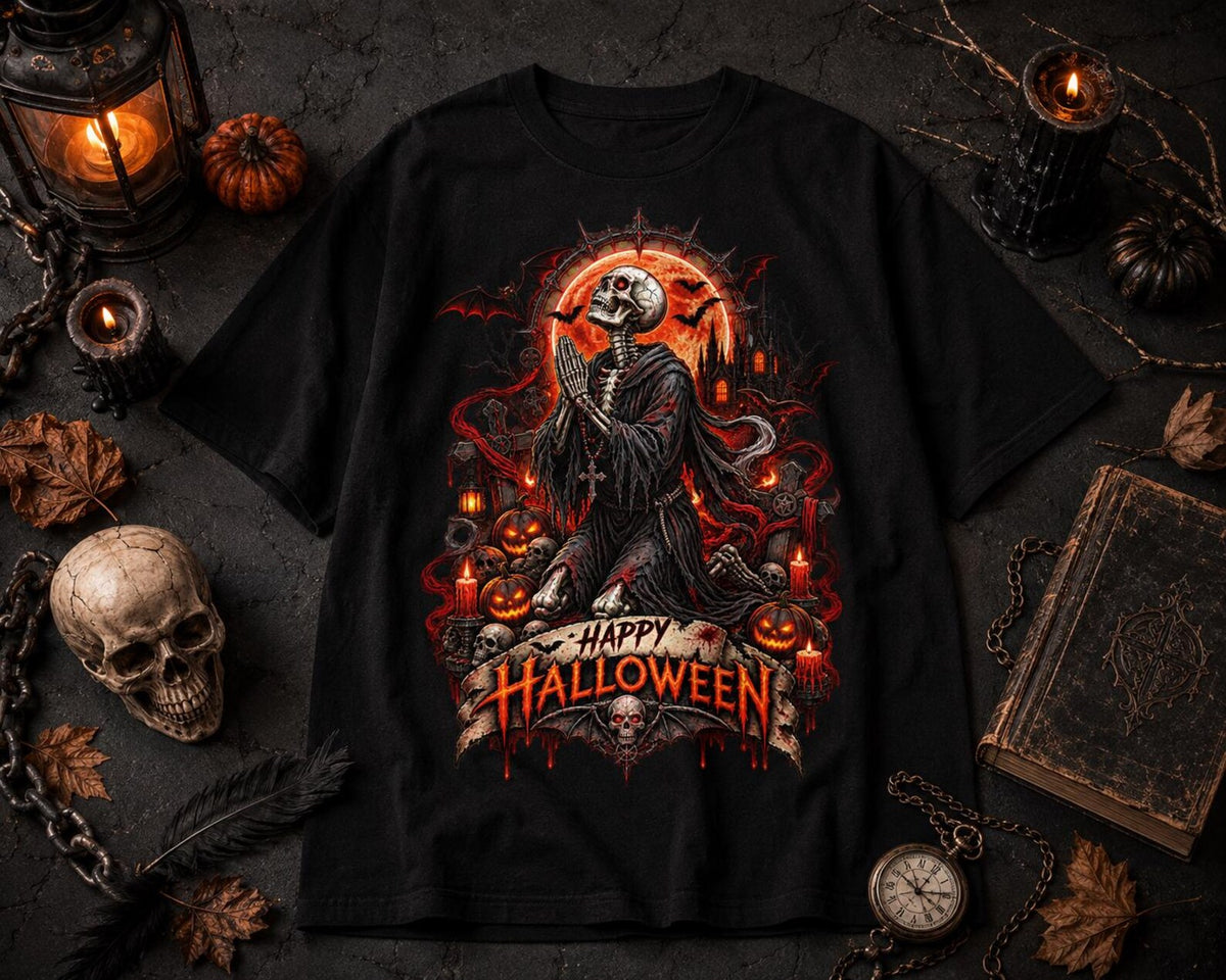 Praying Skeleton Halloween Shirt, Gothic Horror Shirt