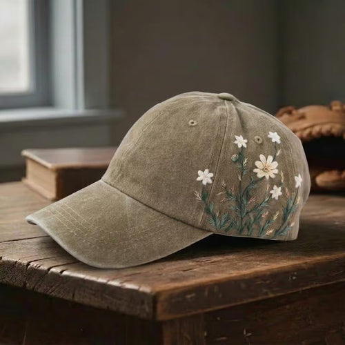 Daisy Floral Embroidered Washed Cap