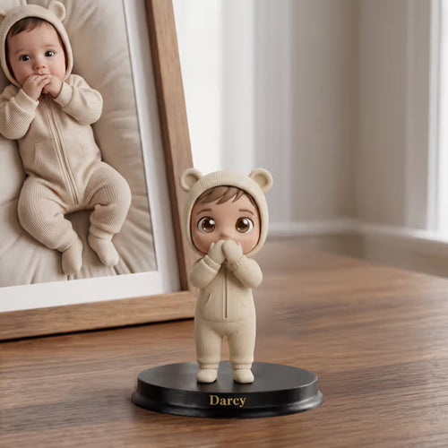 Personalised 3D Chibi Photo Figurine Ornament with Wooden Base and Text Desk Decor