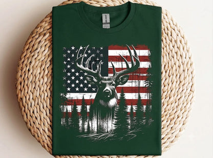 Deer Hunting American Flag Whitetail Buck Antlers Hunting Shirt