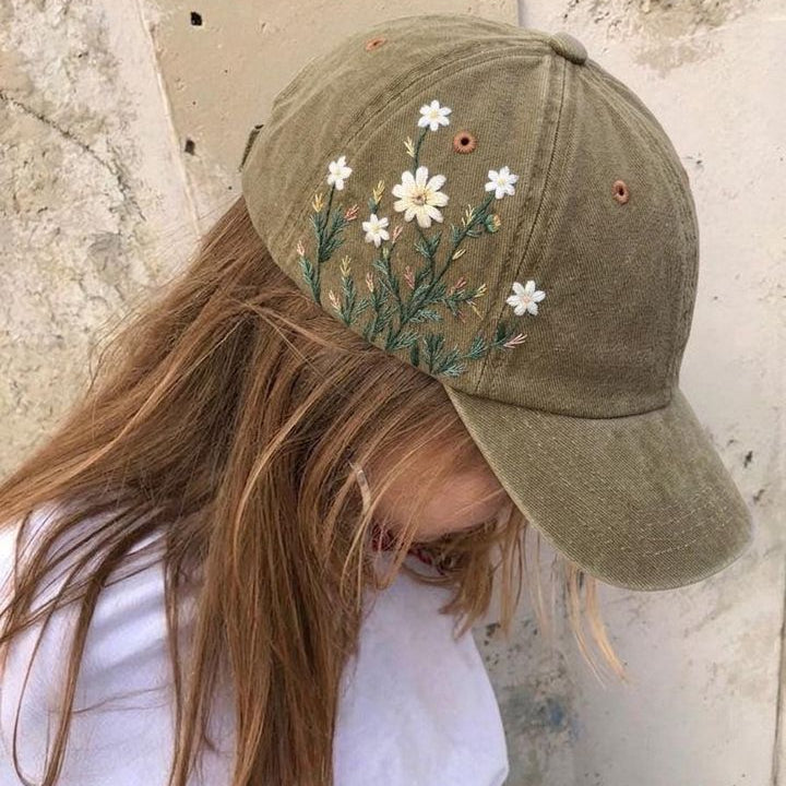 Daisy Floral Embroidered Washed Cap