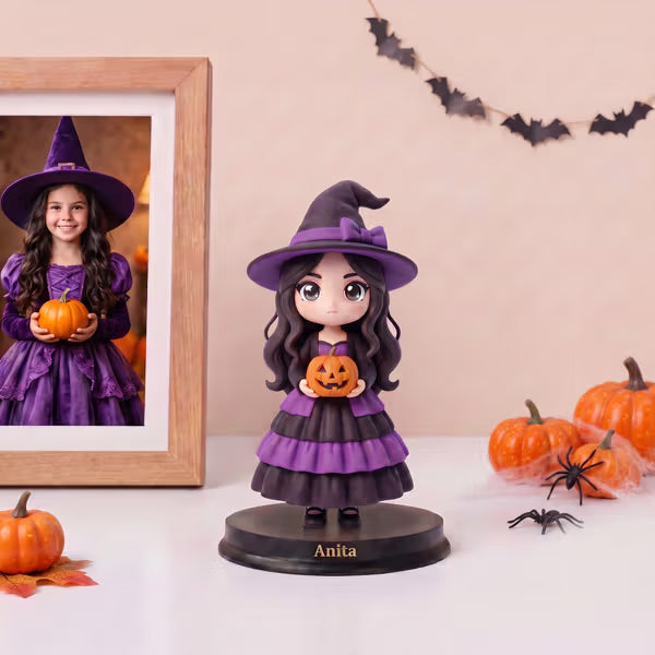 Personalised 3D Chibi Photo Figurine Ornament with Wooden Base and Text Desk Decor