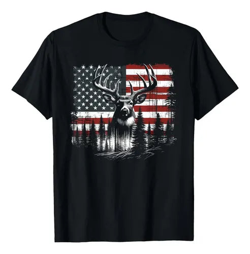 Deer Hunting American Flag Whitetail Buck Antlers Hunting Shirt