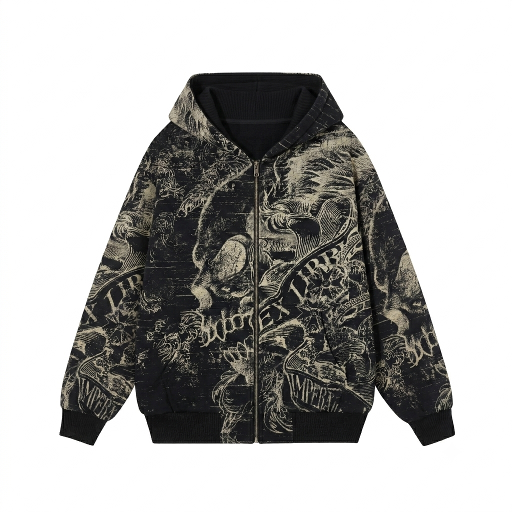 Vintage Y2K Skull Wings Grunge Hoodie - Zip Up Hoodie
