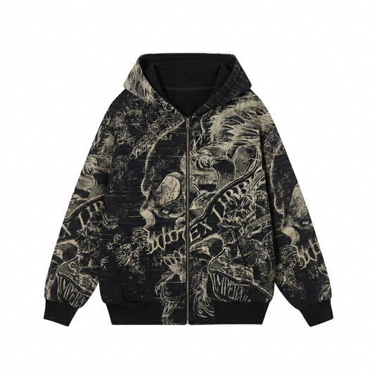 Vintage Y2K Skull Wings Grunge Hoodie - Zip Up Hoodie