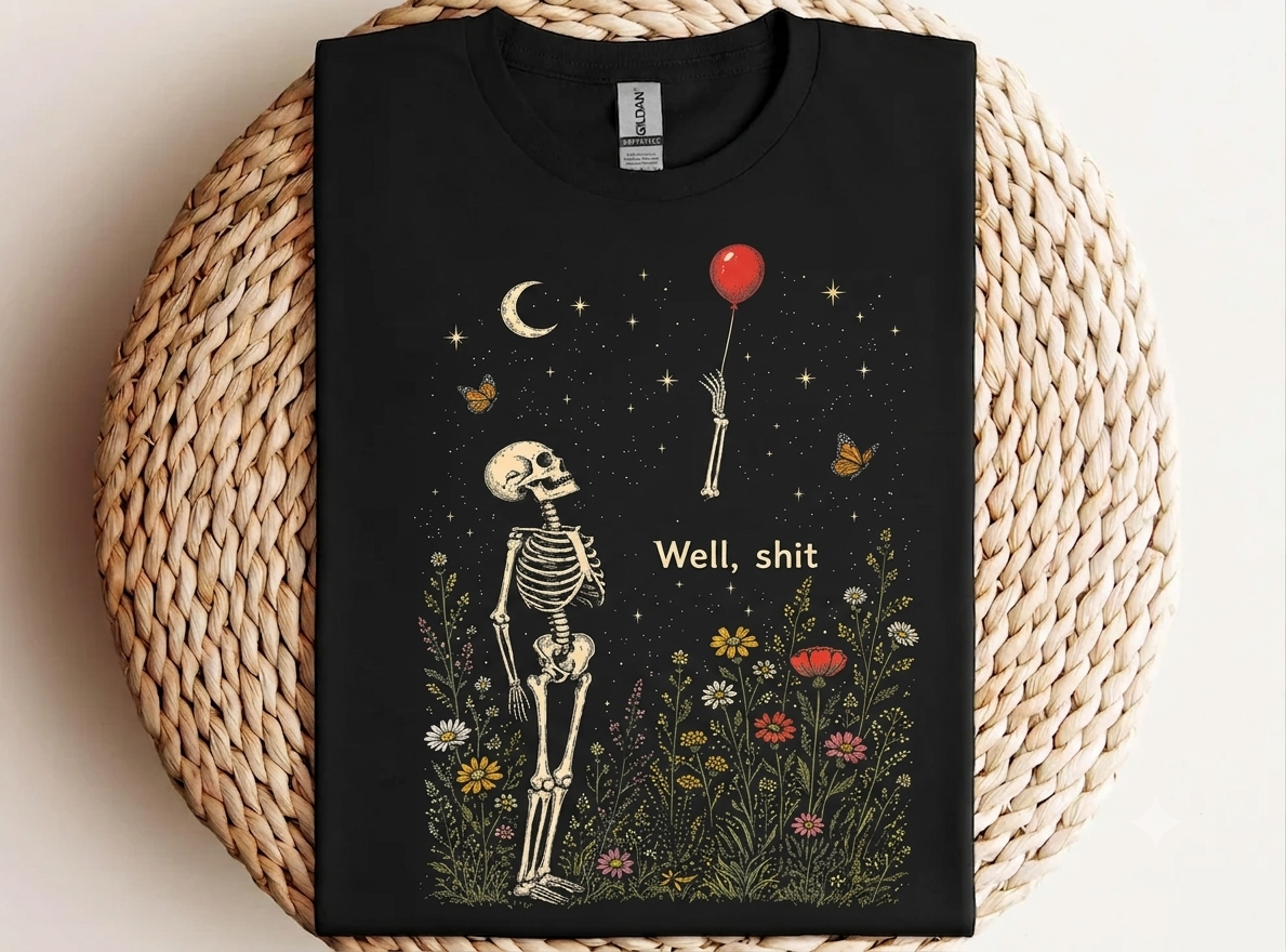 Well Shit Skeleton Lost Balloon Funny Halloween Meme Front Shirt