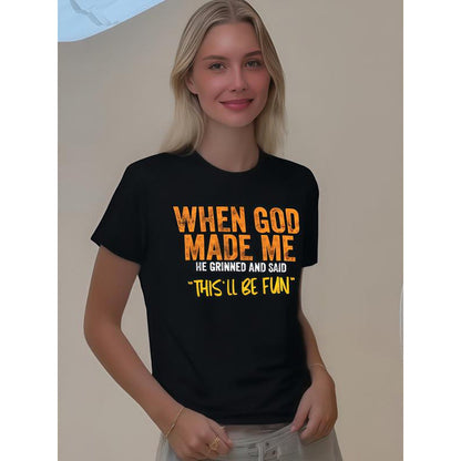 Funny Christian Humor T-Shirt, "When God Made Me He Grinned" Graphic Tee for Religious Gifts