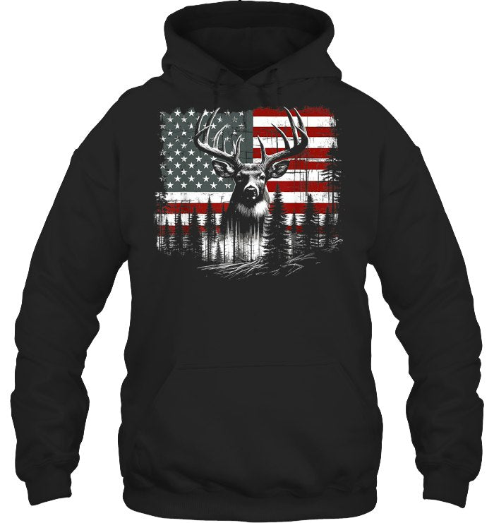 Deer Hunting American Flag Whitetail Buck Antlers Hunting Shirt
