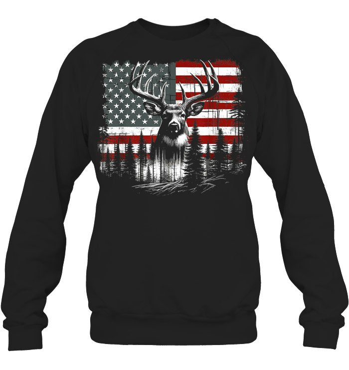 Deer Hunting American Flag Whitetail Buck Antlers Hunting Shirt