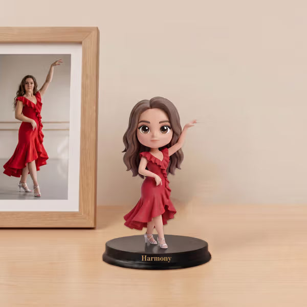 Personalised 3D Chibi Photo Figurine Ornament with Wooden Base and Text Desk Decor