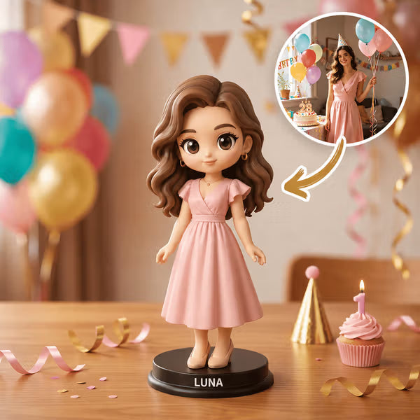 Personalised 3D Chibi Photo Figurine Ornament with Wooden Base and Text Desk Decor