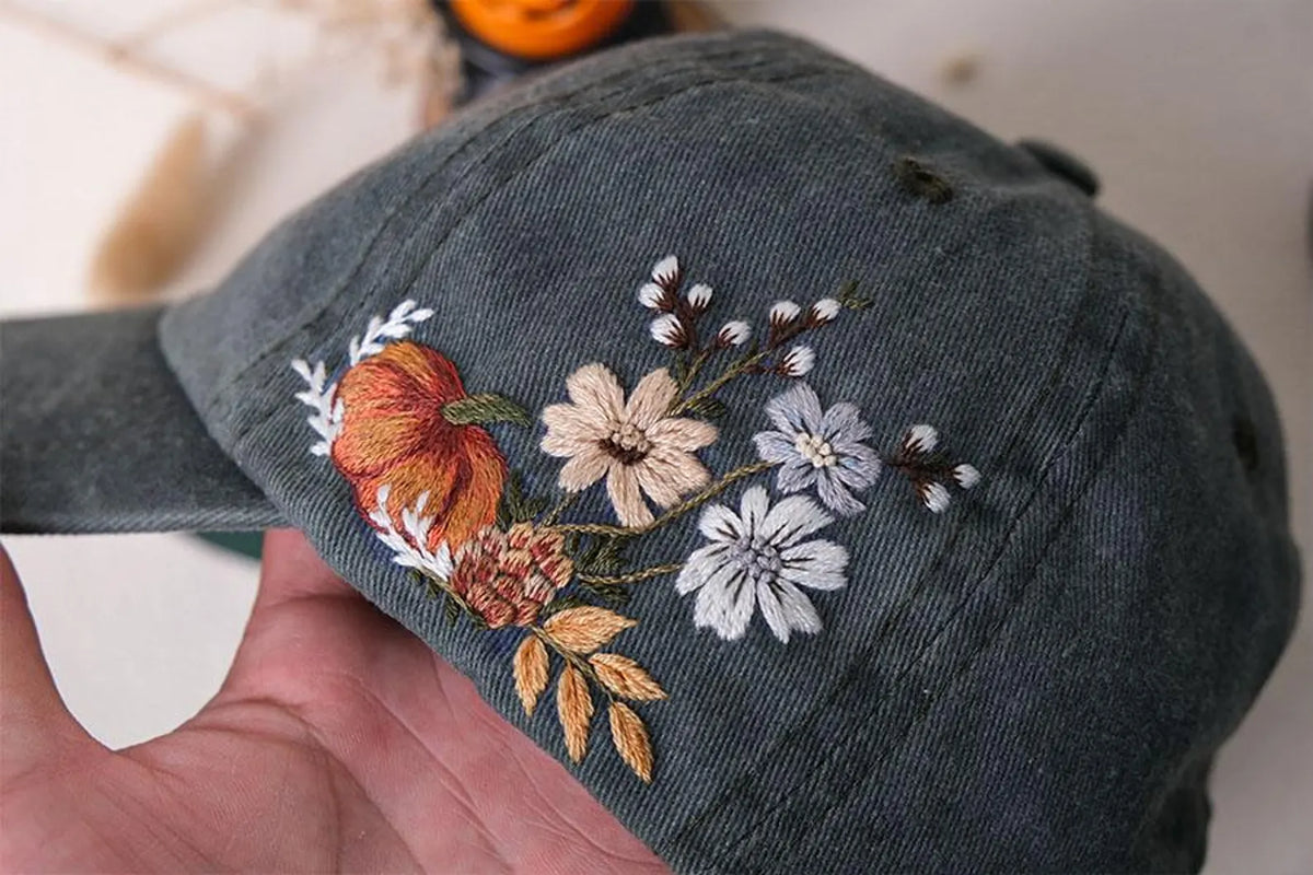 Pumpkin Autumn Floral Embroidered Washed Cap