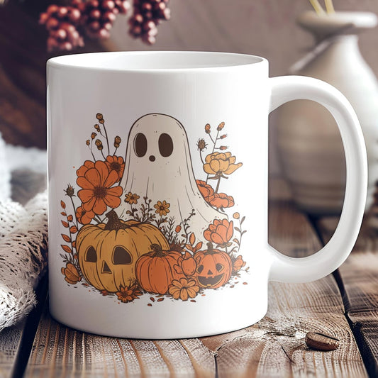 Cottagecore Ghost Coffee Mug: Retro Halloween Fall Cup