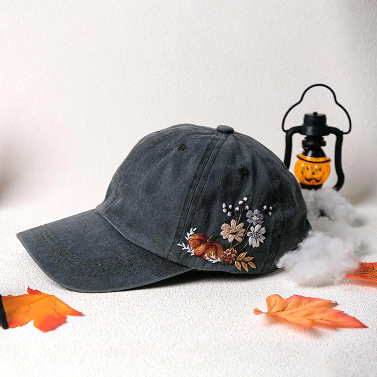 Pumpkin Autumn Floral Embroidered Washed Cap