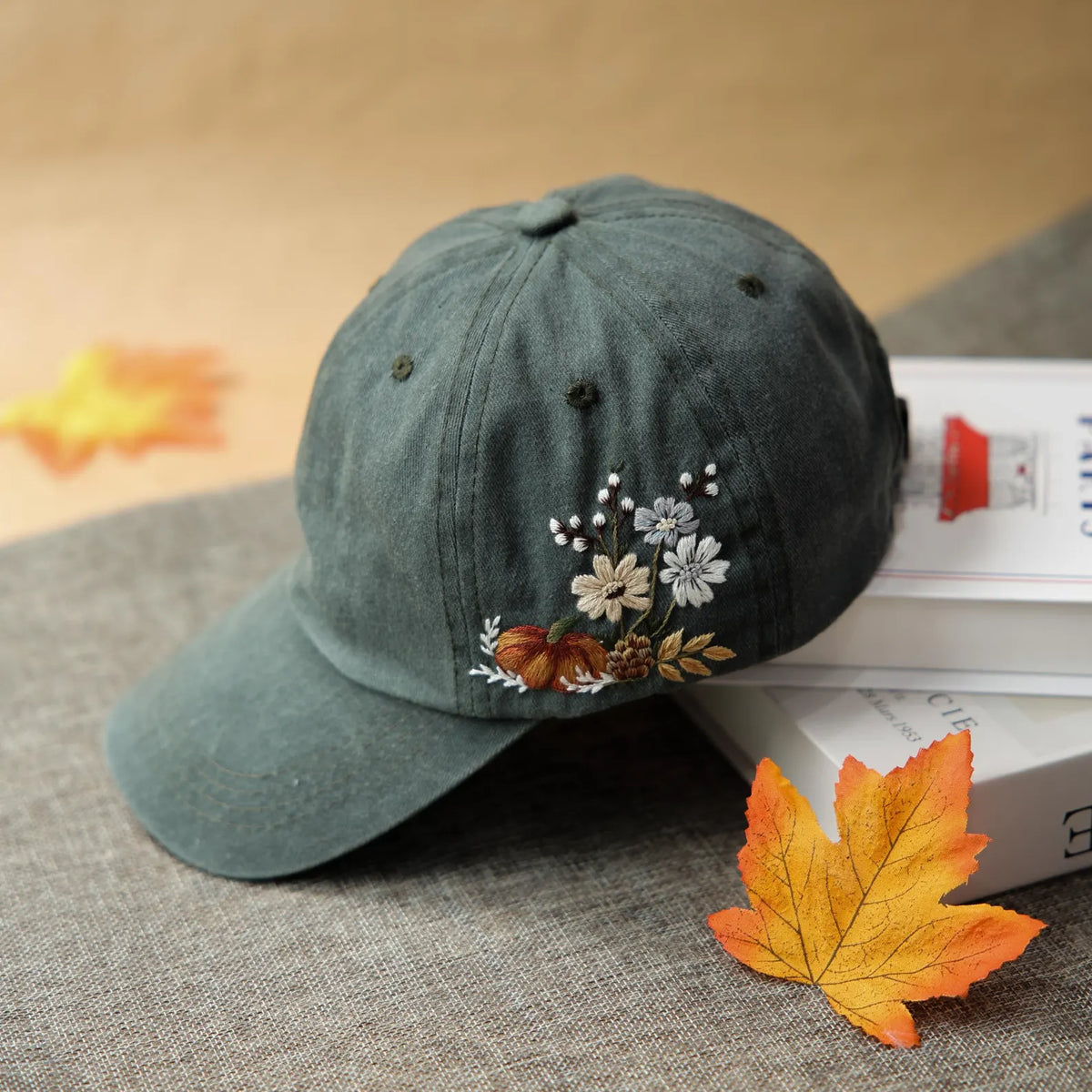 Pumpkin Autumn Floral Embroidered Washed Cap