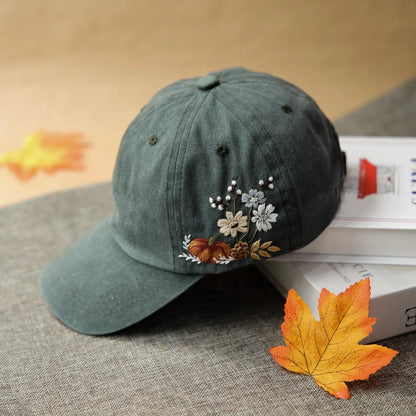 Pumpkin Autumn Floral Embroidered Washed Cap