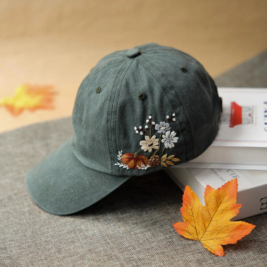 Pumpkin Autumn Floral Embroidered Washed Cap