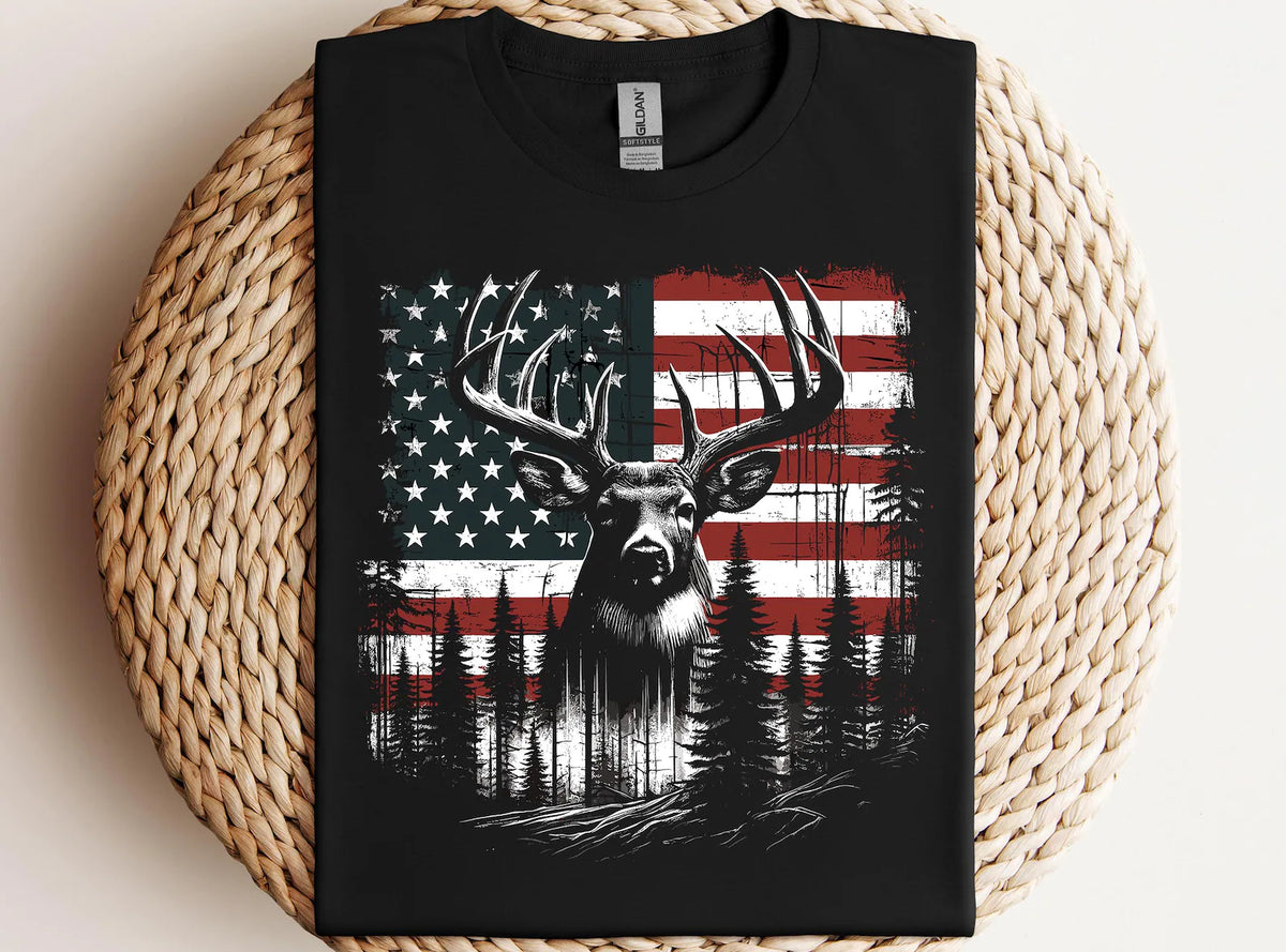 Deer Hunting American Flag Whitetail Buck Antlers Hunting Shirt