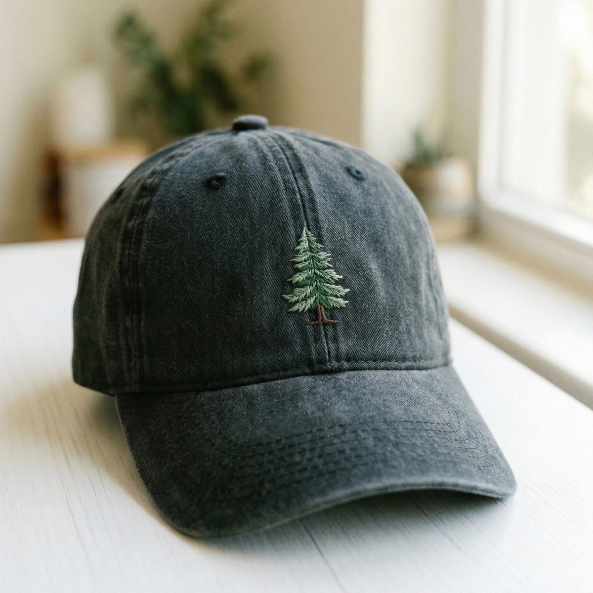Evergreen Pine Tree Embroidered Washed Cap