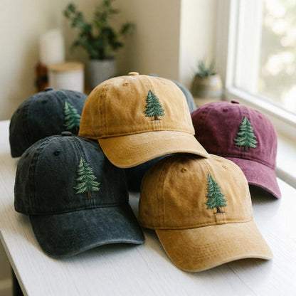 Evergreen Pine Tree Embroidered Washed Cap
