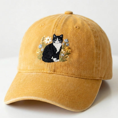 Bicolor Cat Embroidered Washed Cap