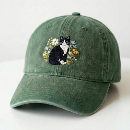 Bicolor Cat Embroidered Washed Cap