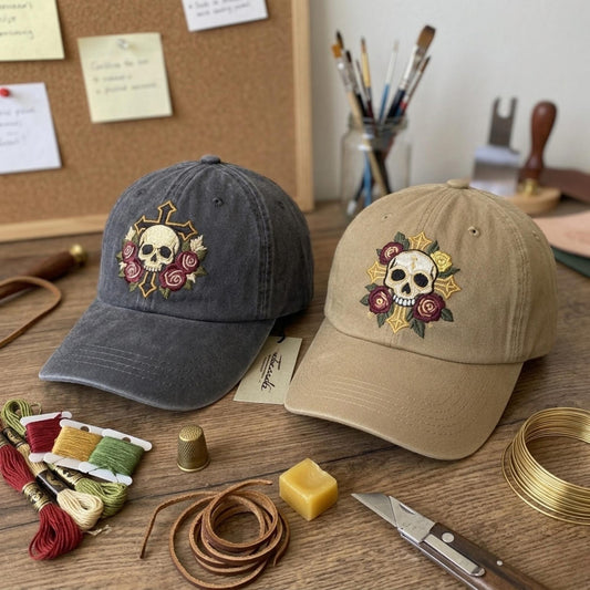 Gothic Skull Cross Roses Embroidered Washed Cap