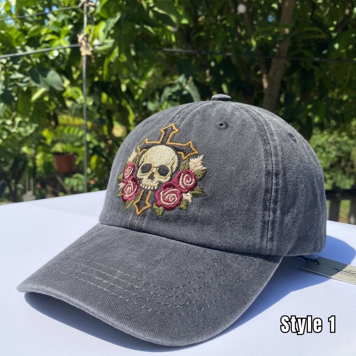 Gothic Skull Cross Roses Embroidered Washed Cap