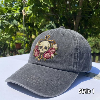 Gothic Skull Cross Roses Embroidered Washed Cap