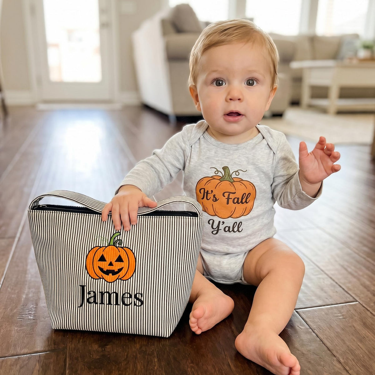Personalized Seersucker Halloween Trick or Treat Basket