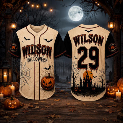 Personalized Pumpkin Bat Halloween Haunted House Baseball Jersey
