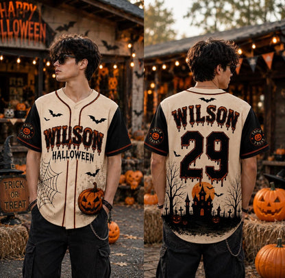 Personalized Pumpkin Bat Halloween Haunted House Baseball Jersey