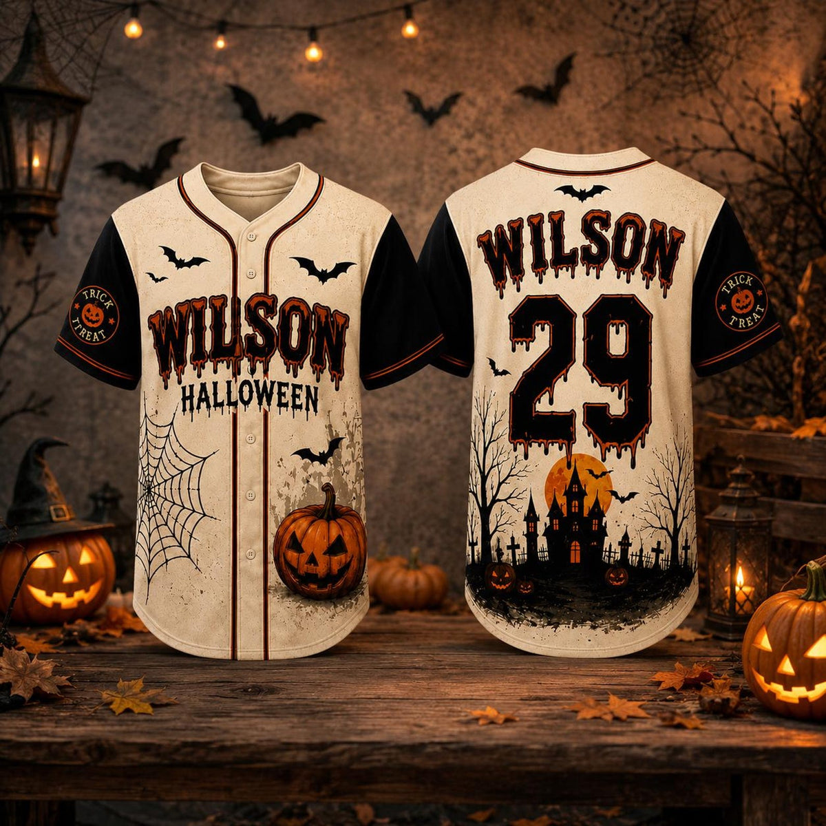 Personalized Pumpkin Bat Halloween Haunted House Baseball Jersey
