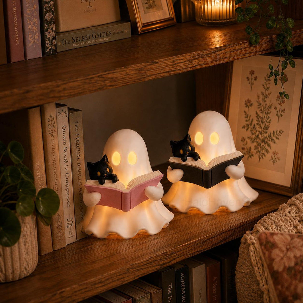 3D Printed Ghost Reading Book Figurine LED Tealight Decor