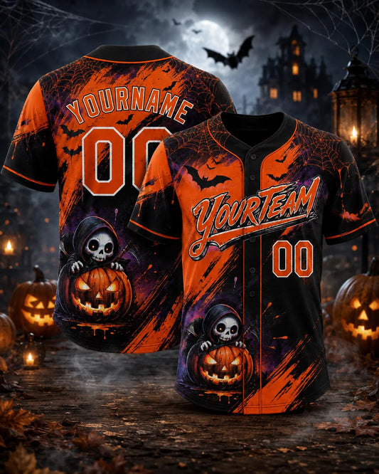 Personalized Grim Reaper Pumpkin Halloween Baseball Jersey