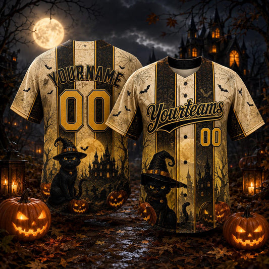 Personalized Black Cat Witch Halloween Baseball Jersey
