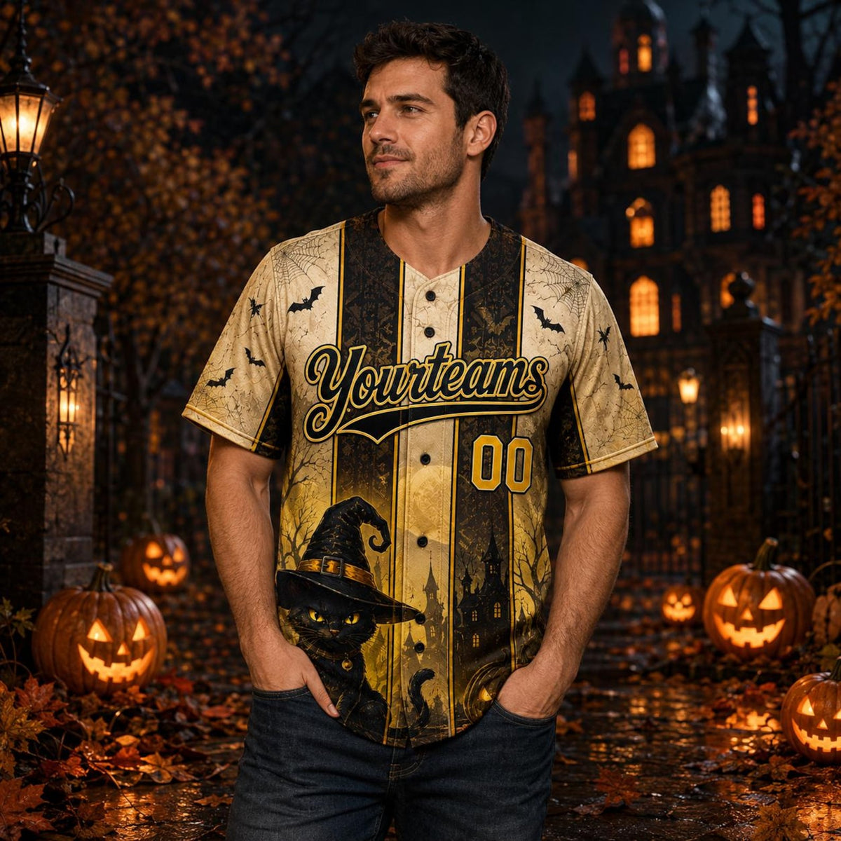 Personalized Black Cat Witch Halloween Baseball Jersey