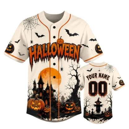 Personalized Haunted House Pumpkin Halloween Baseball Jersey