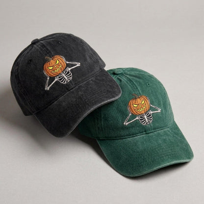Jack-O-Lantern Pumpkin Halloween Embroidered Washed Cap