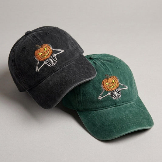 Jack-O-Lantern Pumpkin Halloween Embroidered Washed Cap