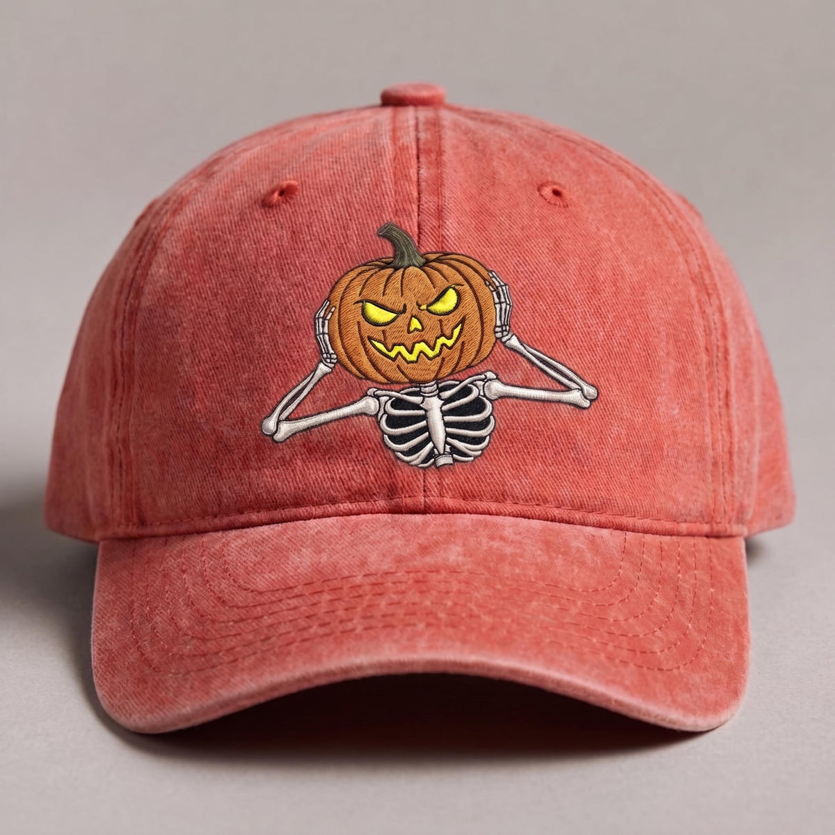 Jack-O-Lantern Pumpkin Halloween Embroidered Washed Cap
