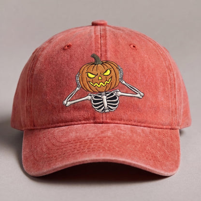 Jack-O-Lantern Pumpkin Halloween Embroidered Washed Cap