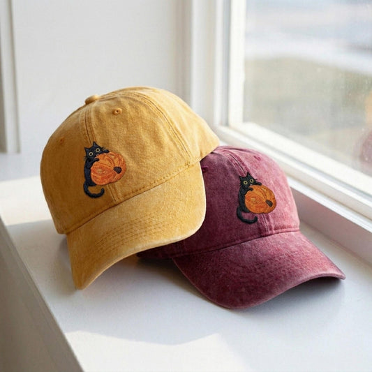 Cat And Pumpkin Halloween Embroidered Washed Cap
