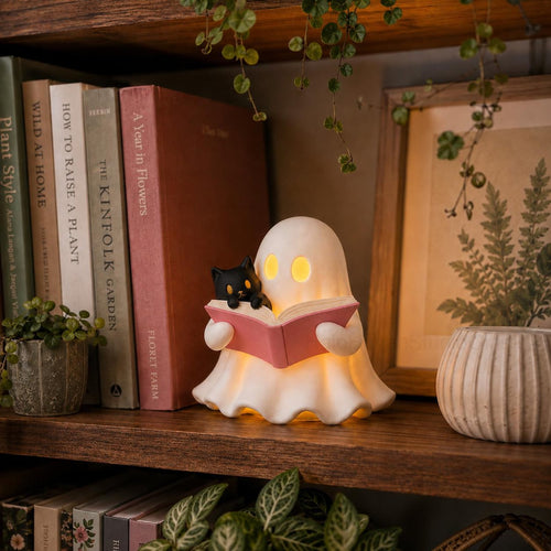 3D Printed Ghost Reading Book Figurine LED Tealight Decor
