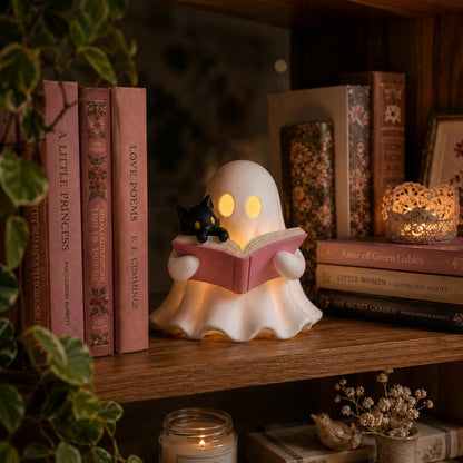 3D Printed Ghost Reading Book Figurine LED Tealight Decor