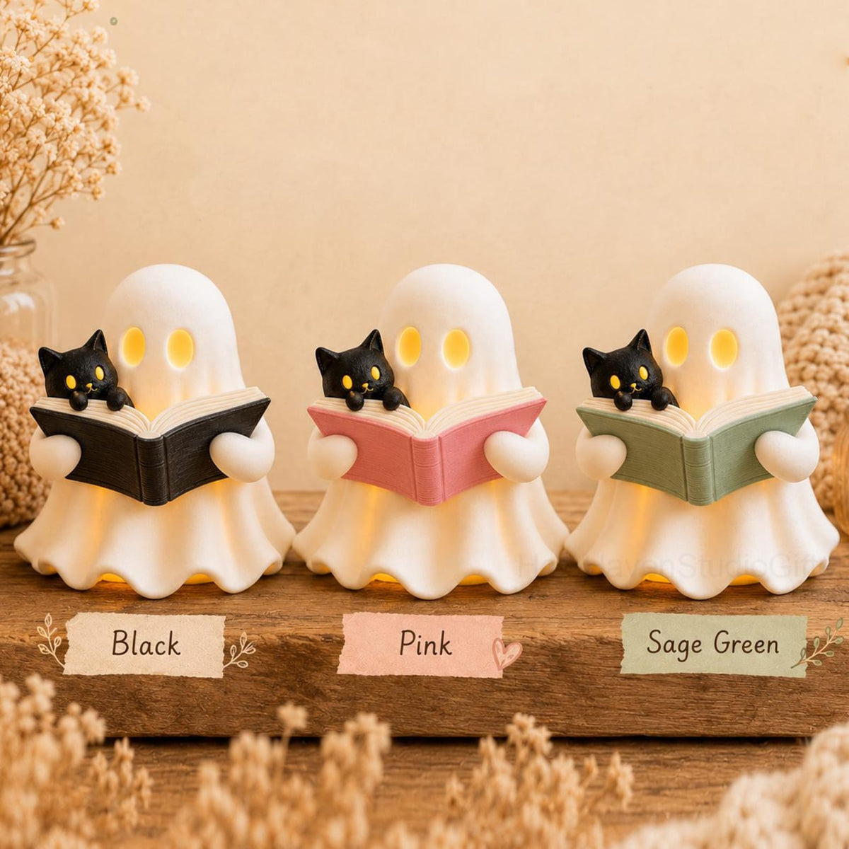 3D Printed Ghost Reading Book Figurine LED Tealight Decor