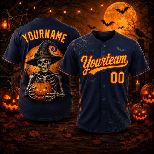 Personalized Skeleton Pumpkin Halloween Baseball Jersey