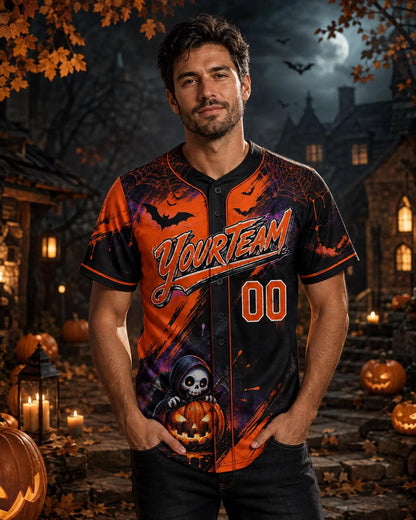 Personalized Grim Reaper Pumpkin Halloween Baseball Jersey