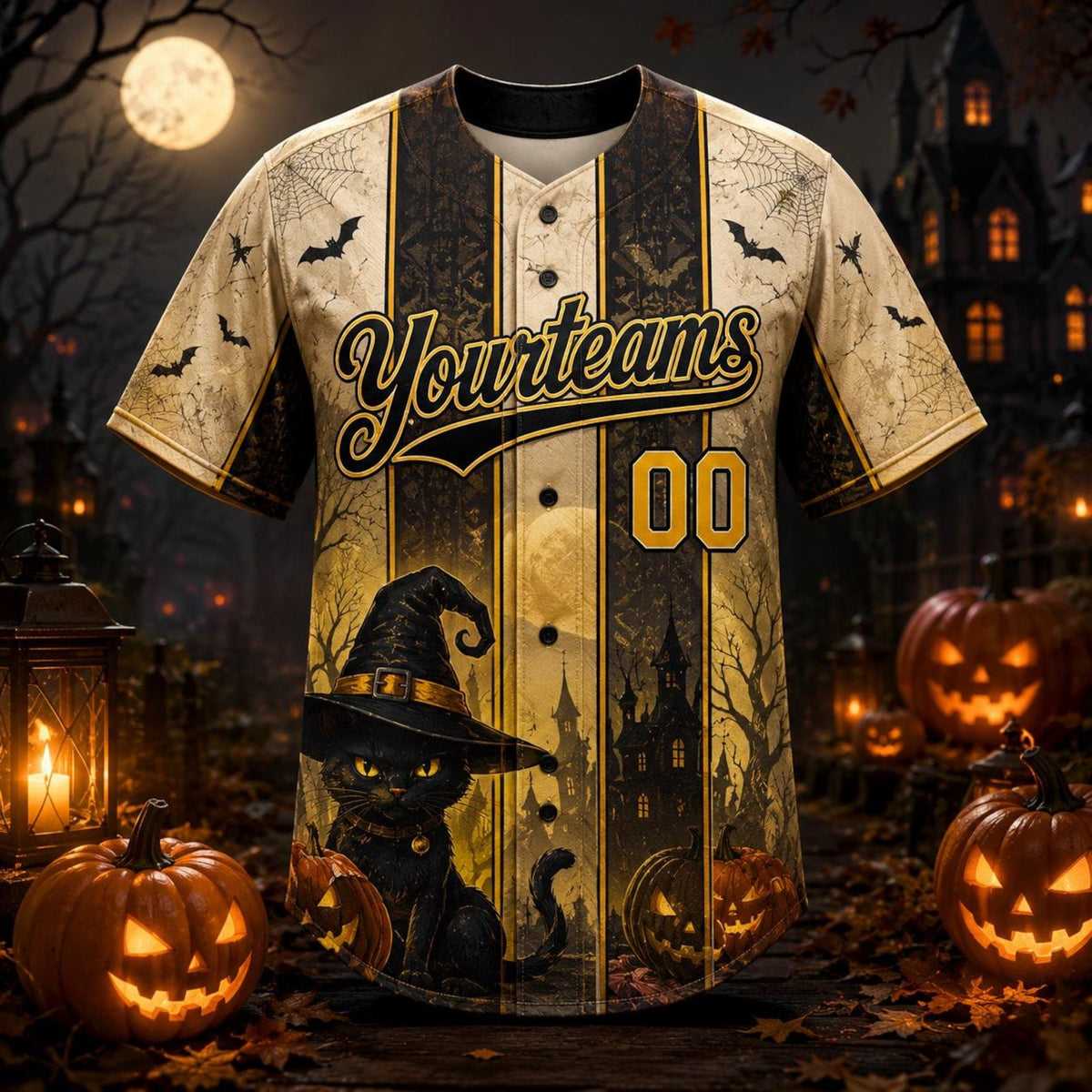 Personalized Black Cat Witch Halloween Baseball Jersey