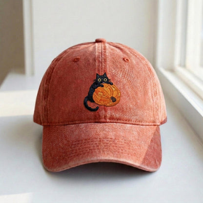 Cat And Pumpkin Halloween Embroidered Washed Cap